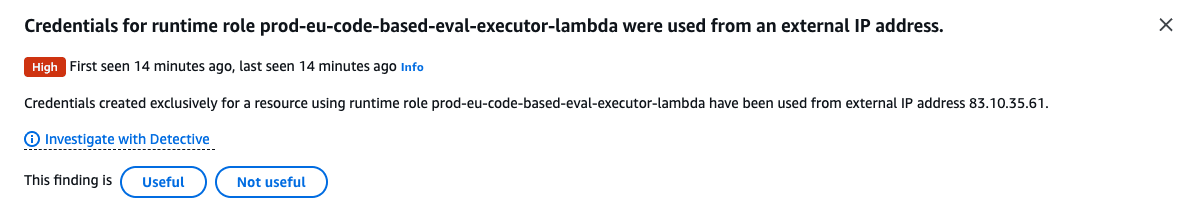 GuardDuty finding: credentials for the code-eval runner role used from an
external IP
address